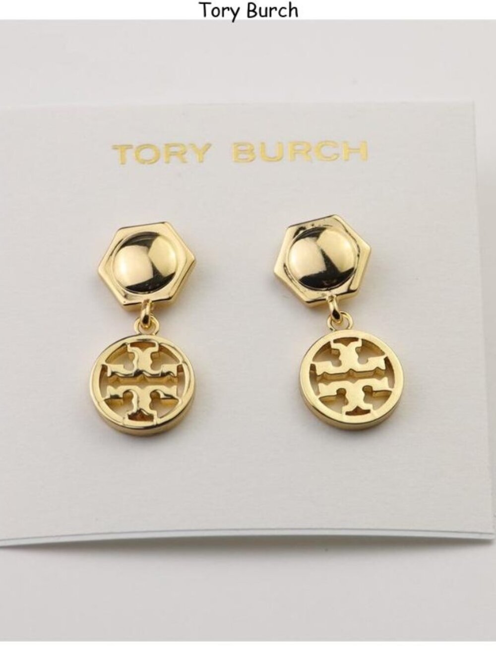 Tory Burch Gold Hex Top Logo Drop Earrings